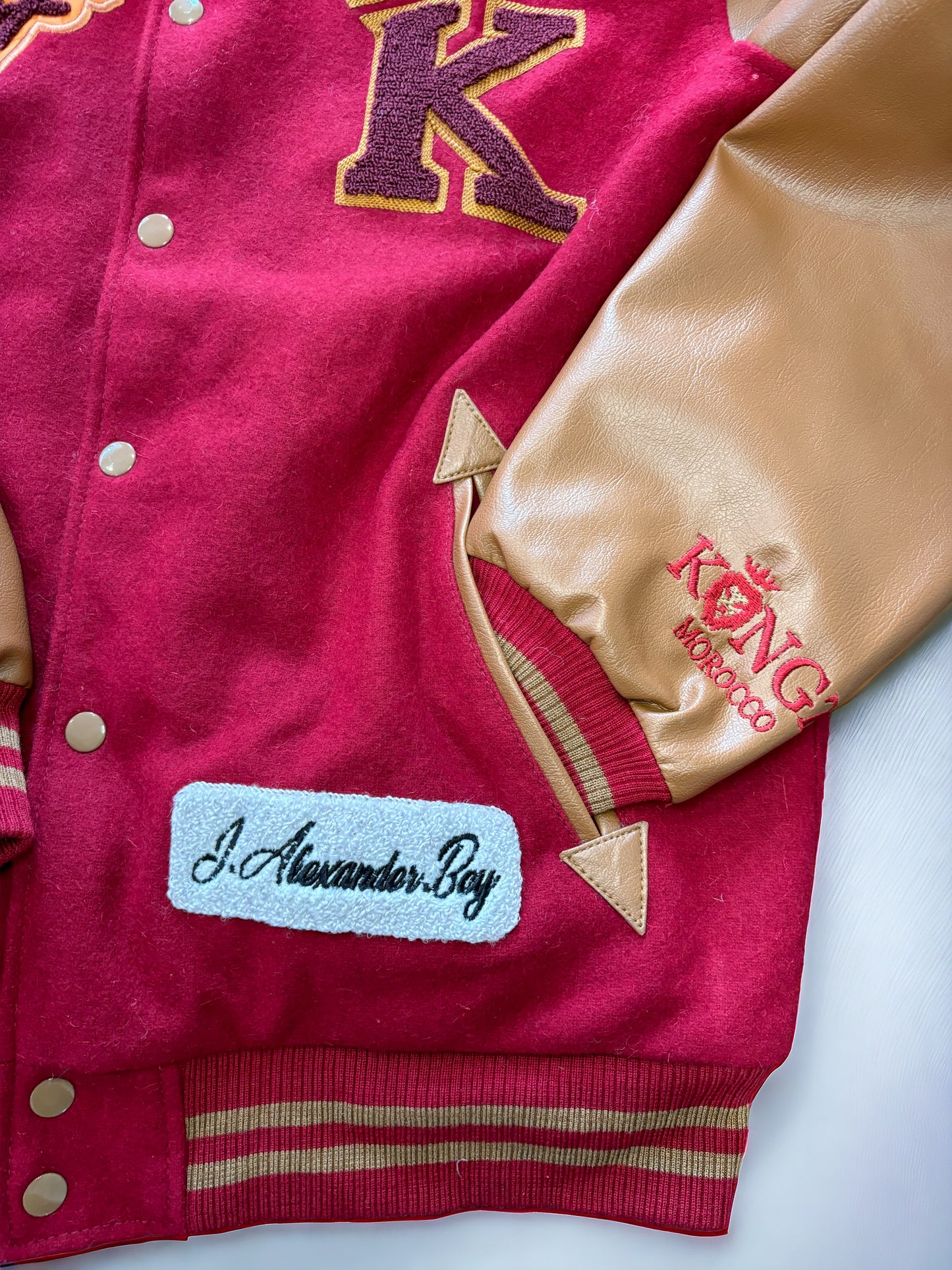 Kingz Raspberry and Mocha Wool and Leather Varsity Jacket