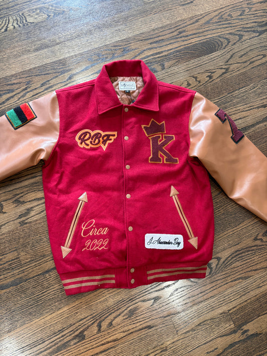 Kingz Raspberry and Mocha Wool and Leather Varsity Jacket