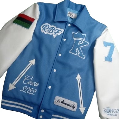 Kingz Baby Blue Wool and Leather Sleeve Varisty Jacket