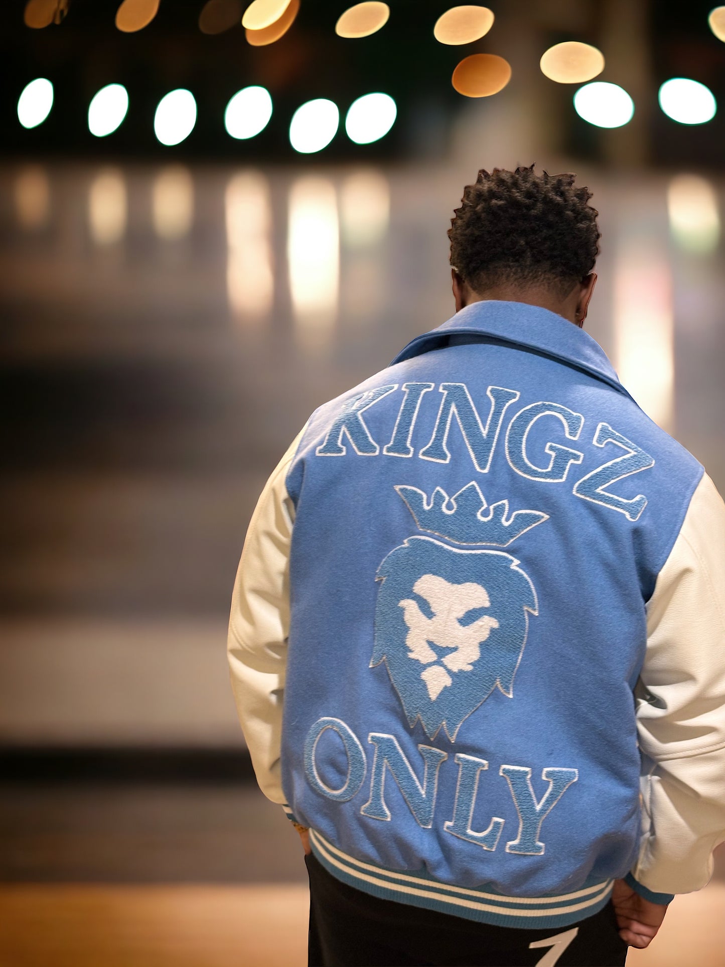 Kingz Baby Blue Wool and Leather Sleeve Varisty Jacket