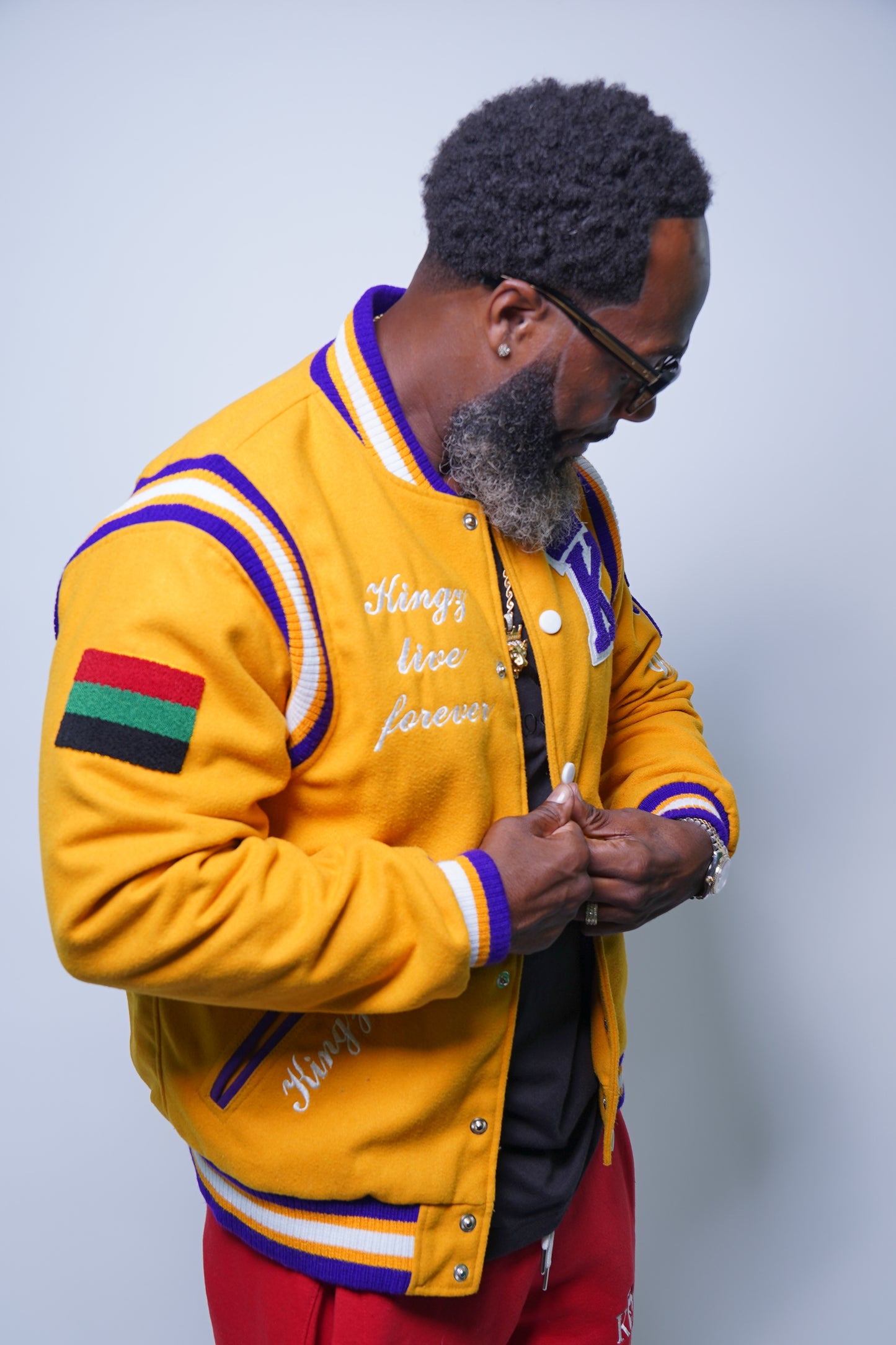 Kingz Live Forever Yellow and Purple Varsity Jacket