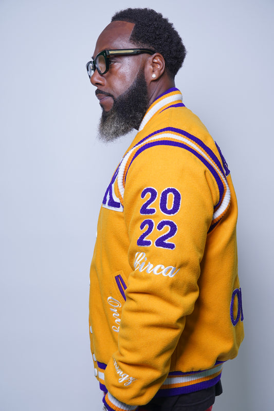 Kingz Live Forever Yellow and Purple Varsity Jacket