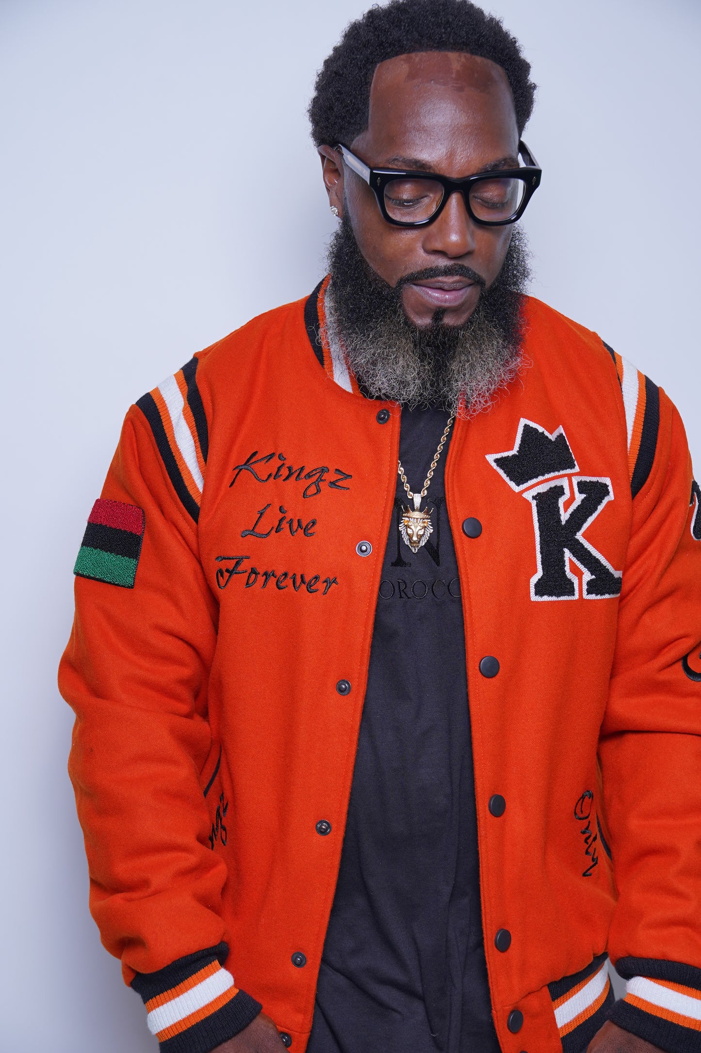 Kingz Live Forever Orange and Black Varsity Jacket