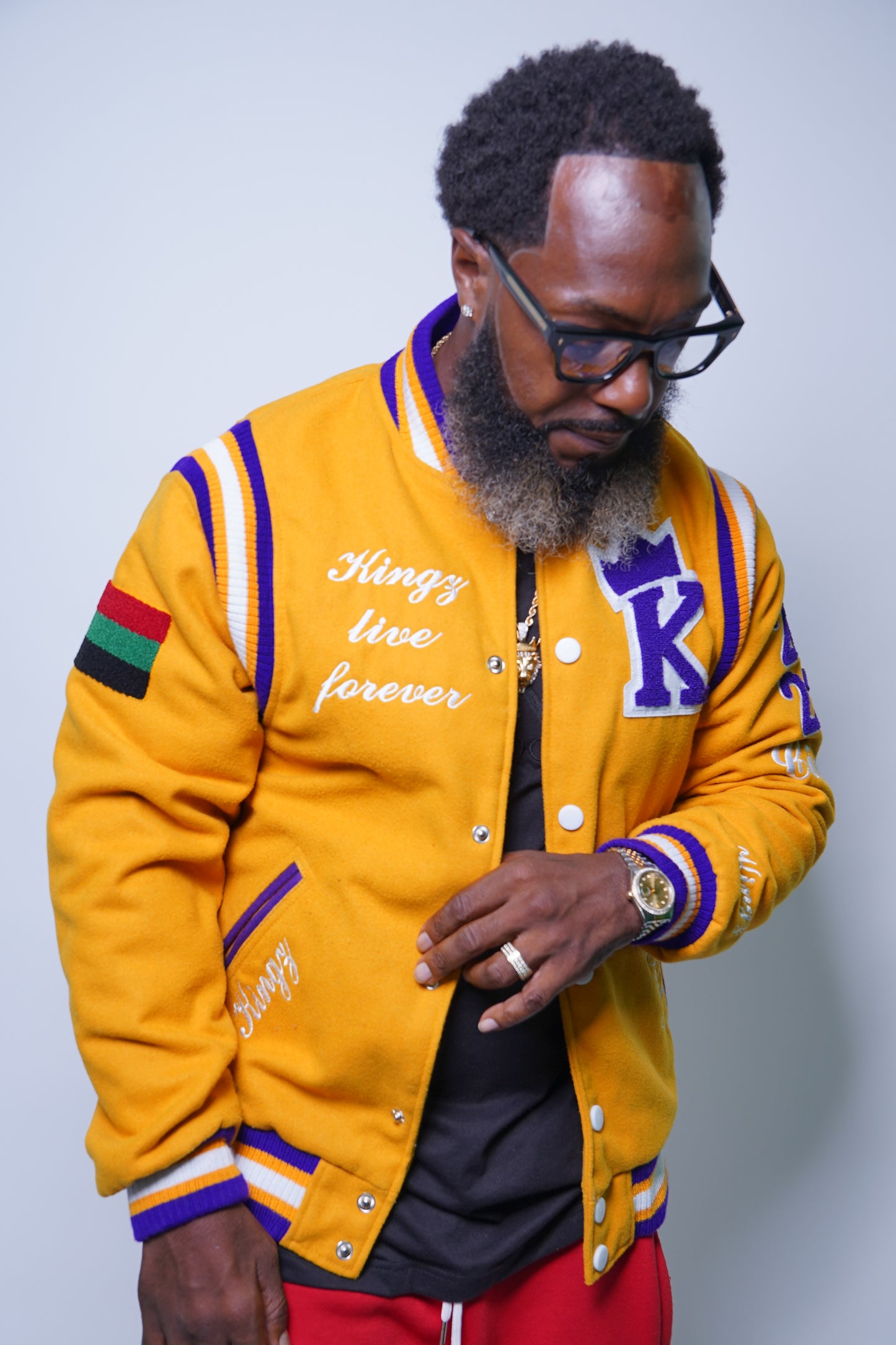 Kingz Live Forever Yellow and Purple Varsity Jacket